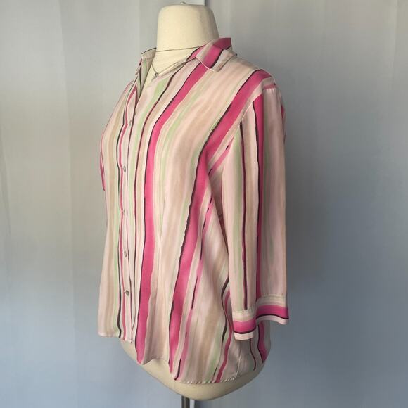 Dress Barn Blouse Plus Size 1X White Pink Green Stripe Button Long Sleeve Office - Picture 6 of 15
